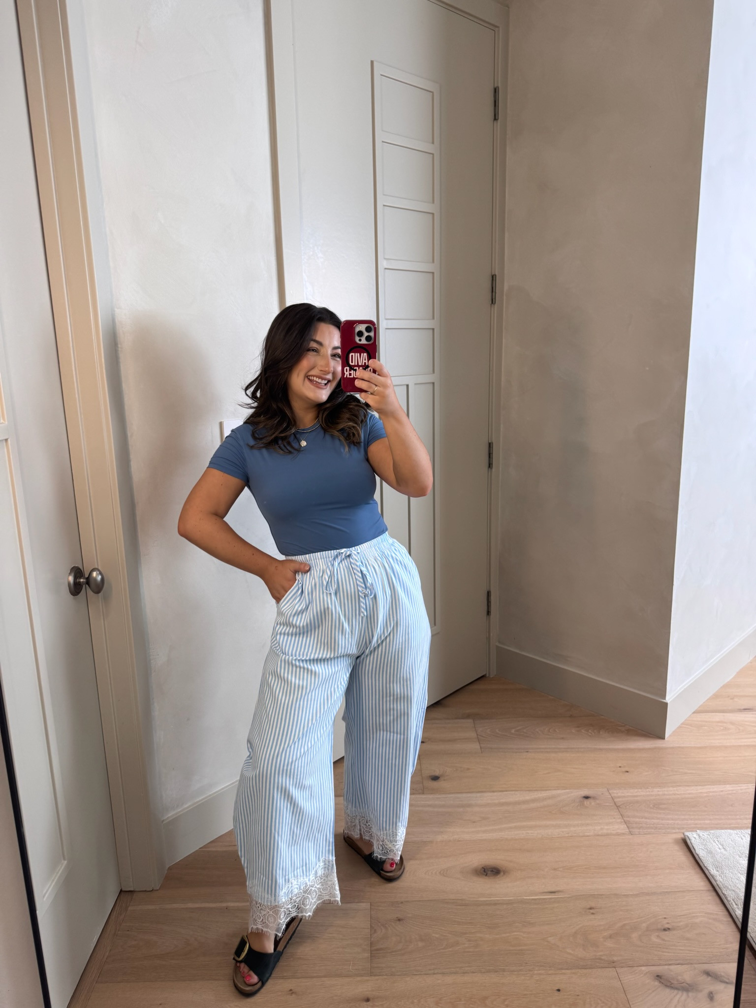 Love this summer outfit! 
Double lined tee and striped pants with lace trim size small 

(5'0" 140lbs) Petite friendly

#LTKootd #LTKSaleAlert #LTKPetite
