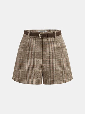 Mid-Waisted Belted Plaid Shorts | Commense
