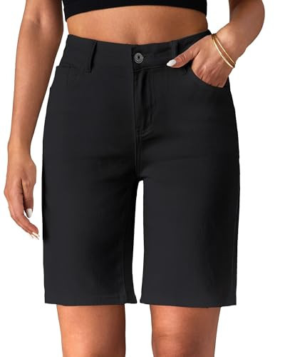 luvamia Bermuda Jean Shorts for Women High Waisted Trendy Stretchy Denim Shorts Knee Length Cutoff Loose Fit Long Shorts True Black Size X-Large Fits US 16-18 | Amazon (US)