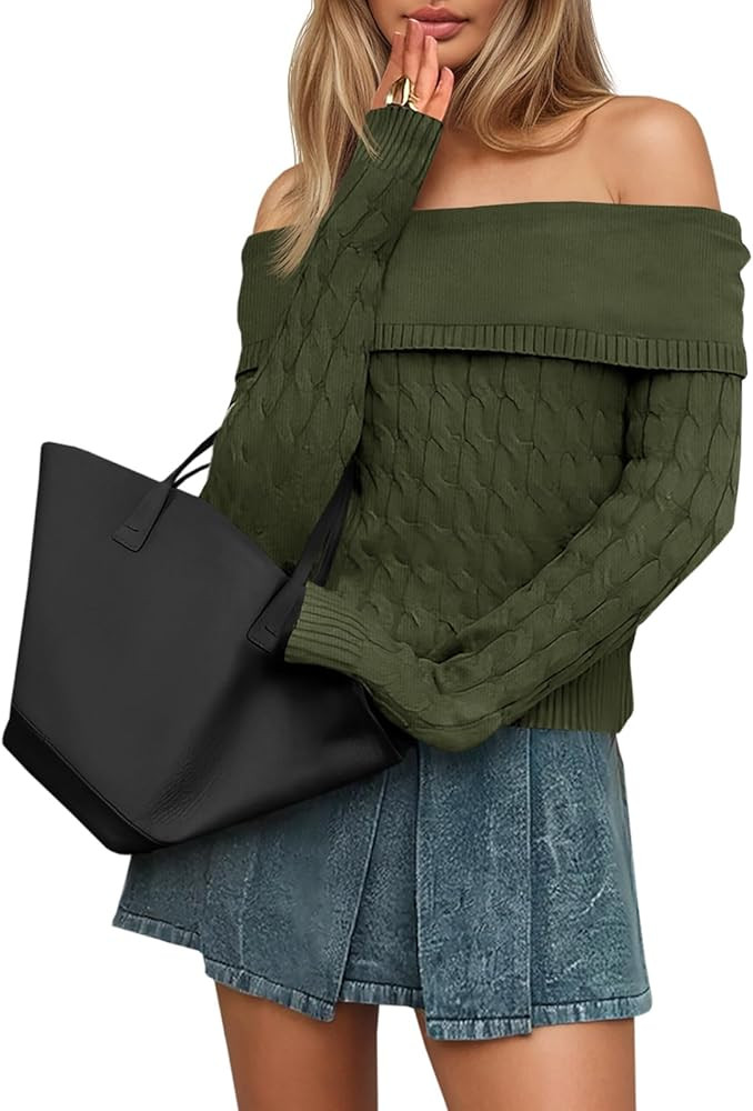 Saodimallsu Womens Off The Shoulder Sweaters Cable Knit Long Sleeve Sexy Fitted Fall Dressy Going... | Amazon (US)