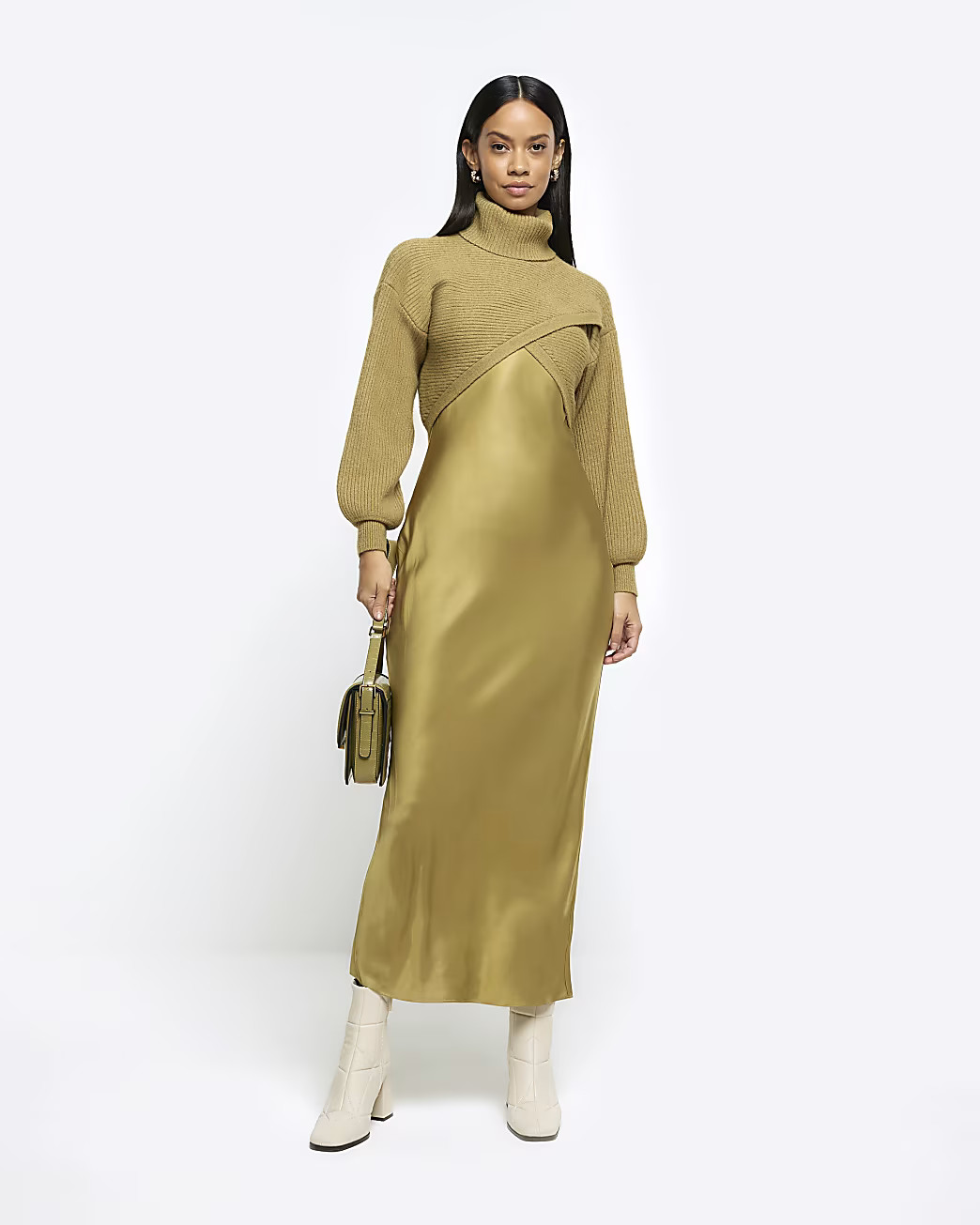 Khaki satin hybrid slip midi dress | River Island (UK & IE)