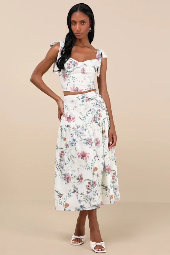 Beautifully Chic White Floral Drop Waist Midi Skirt | Lulus