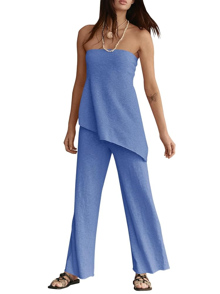 Tankaneo Womens 2 Piece Outfits Asymmetrical Tube Top Wide Leg Pants Knit Vacation Travel 2025 Ma... | Amazon (US)