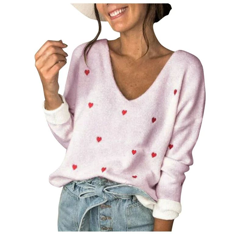 Tuscom Valentine'S Day Women'S Heart Sweater V-Neck Embroidered Knit Loose Casual Long Sleeve Rib... | Walmart (US)