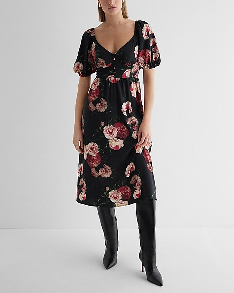 Floral V-Neck Puff Sleeve Button Front Tie Back Midi Dress | Express