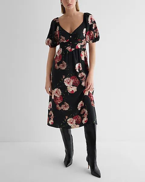Floral V-neck Puff Sleeve Button Front Tie Back Midi Dress | Express