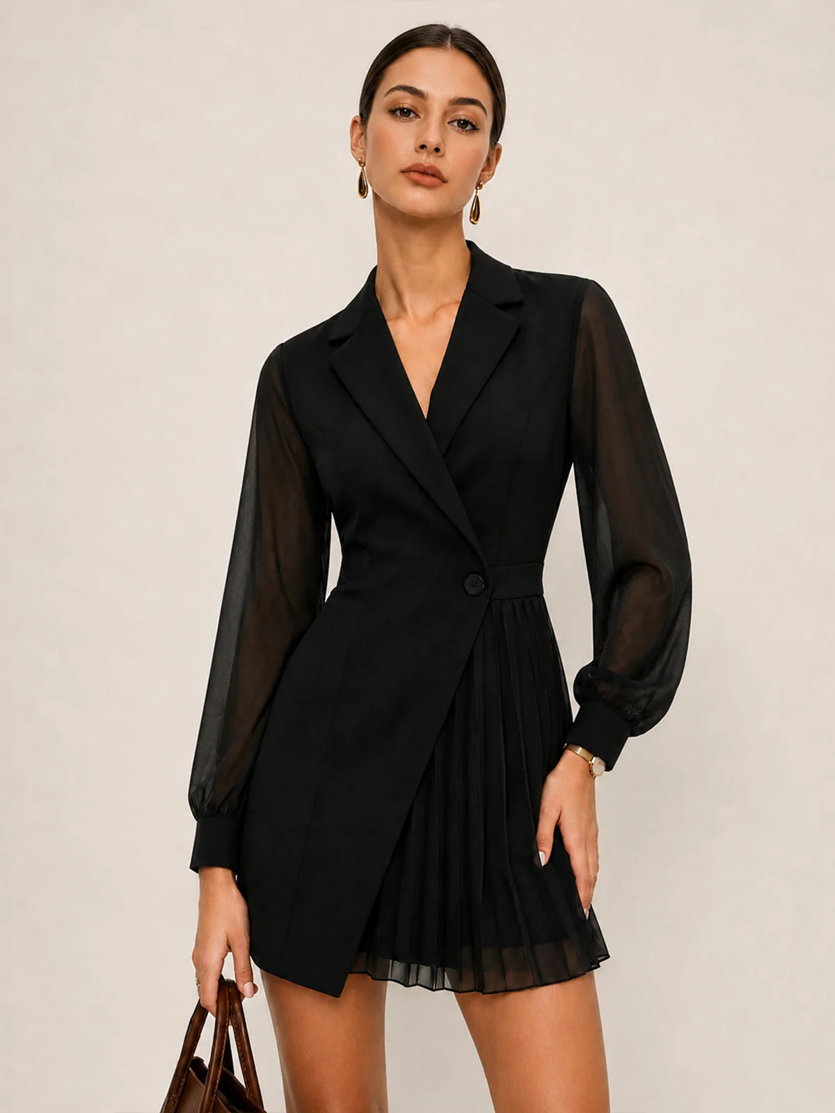 Sheer Sleeve Pleated Blazer Dress | Commense