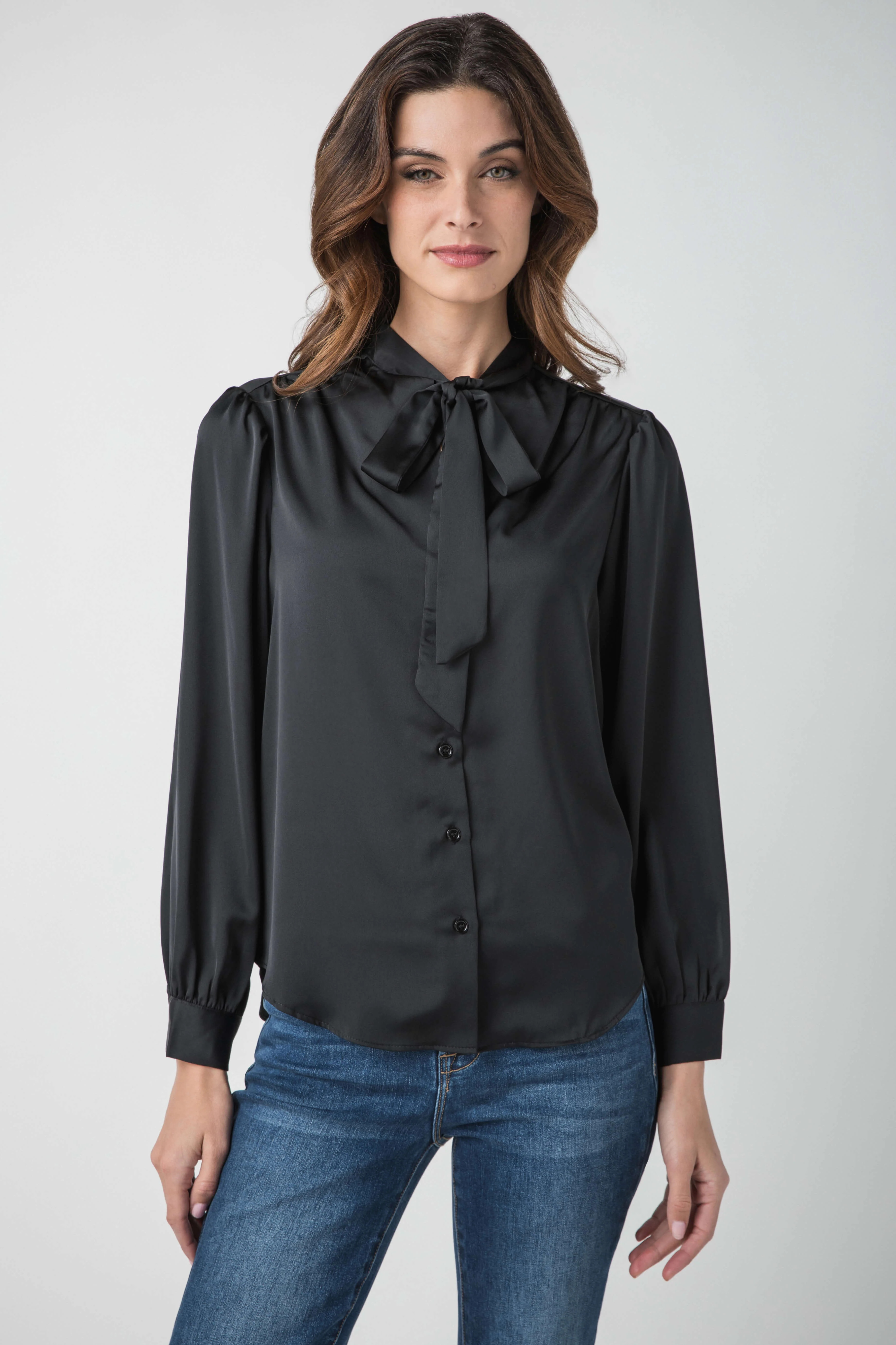 Skies Are Blue Tie Neck Shoulder Shirring Blouse | Social Threads