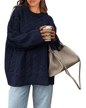 Okiwam Women's Oversized Sweaters Crewneck Cable Knit Pullover Casual Loose Fall Outfits Fashion ... | Amazon (US)