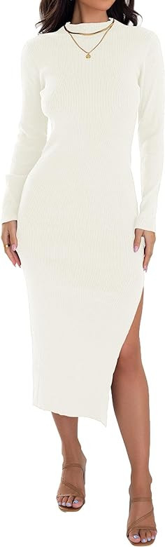 ZESICA Women's Mock Neck Sweater Dresses Long Sleeve Side Slit Slim Fit Fall Elegant Ribbed Knit ... | Amazon (US)