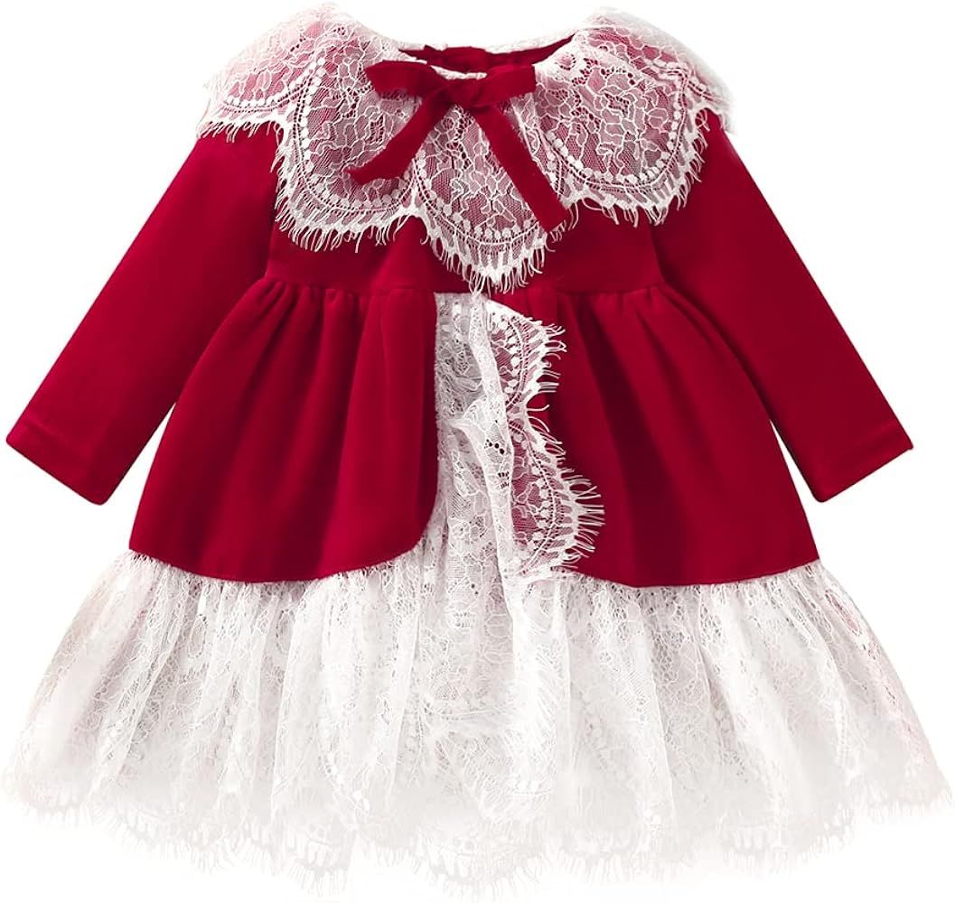 Toddler Baby Girl Christmas Dress Outfit Velvet Long Sleeve Lace Elegant Princess Dresses Fall Wi... | Amazon (US)