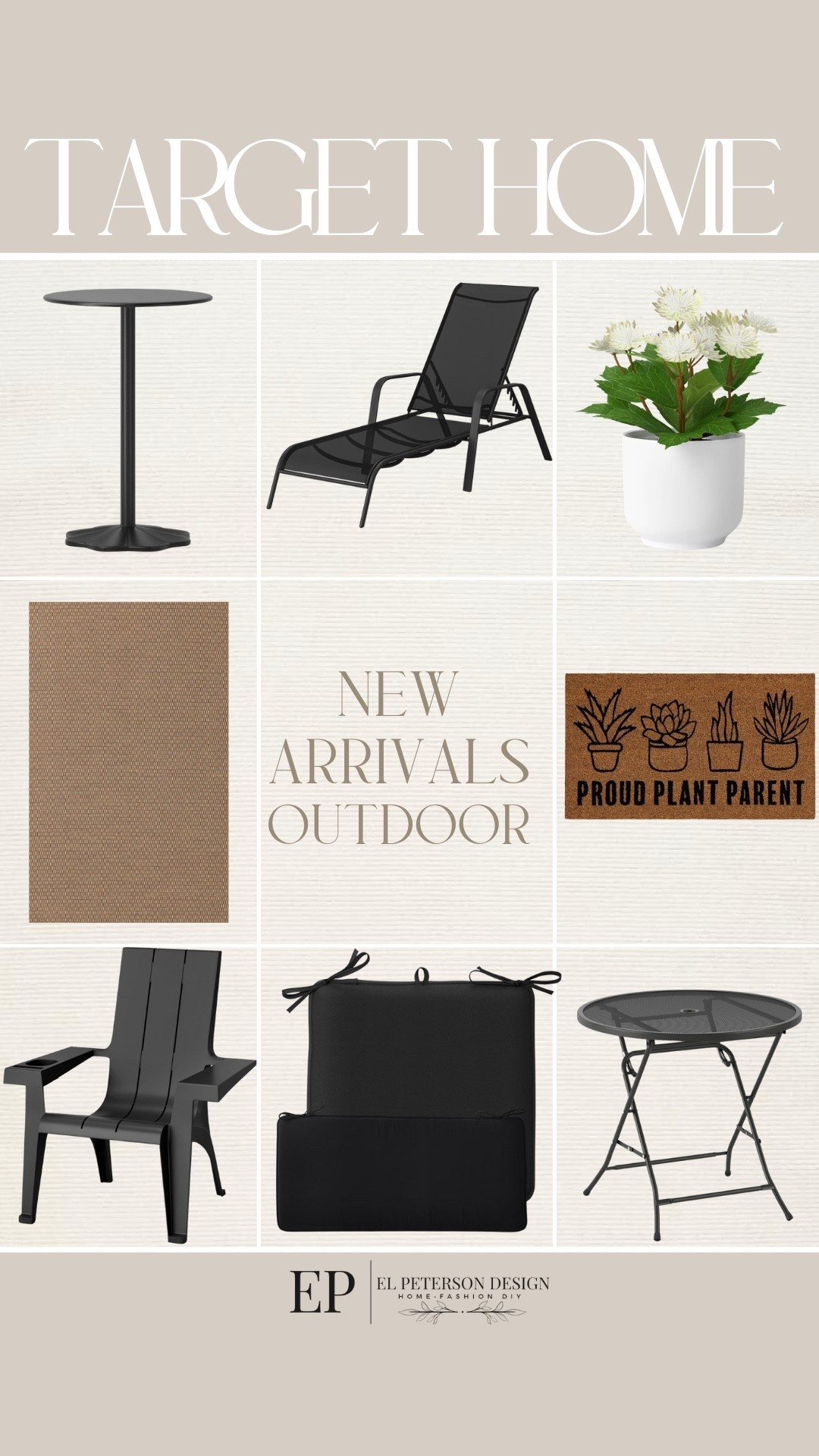 Target
New Outdoor Arrivals
rug
Accent Table 
Outdoor chair
Door mat
Potted plants
Outdoor seat cushions 

#LTKHome