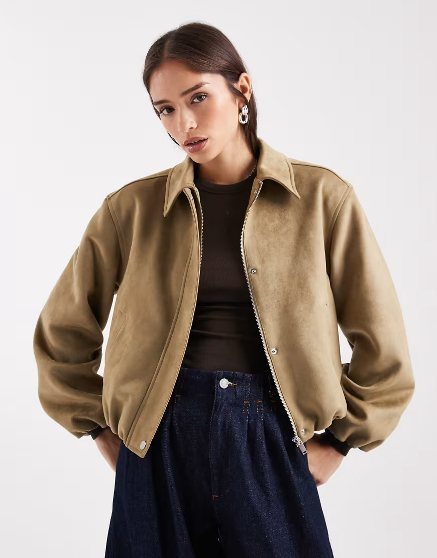 New Look faux suede bubble hem jacket in tan-Green | ASOS (Global)