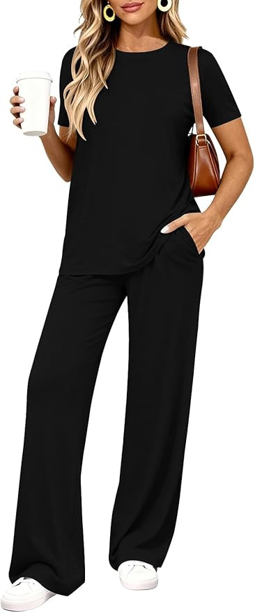 PRETTYGARDEN Spring Lounge Sets for Women 2 Piece Short Sleeve Crewneck Cute Tops and Wide Leg Pa... | Amazon (US)