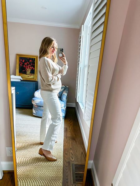 These white Madewell maternity jeans are SO amazing. I love their white jeans non-maternity but these are just unreal maternity jeans too. Go Madewell! I got my regular non-maternity size. My sweater and flats are both also Madewell and the top is one size larger than I’d normally order since I’m pregnant. The shoes are my true size. #madewellfall #maternityjeans
#LTKstyletip#LTKbump#LTKSeasonal
