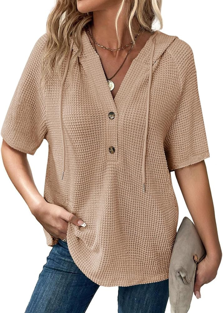 Dokotoo Womens Summer Tops Waffle Knit Short Sleeve Lightweight Drawstring Hoodies Button V Neck ... | Amazon (US)