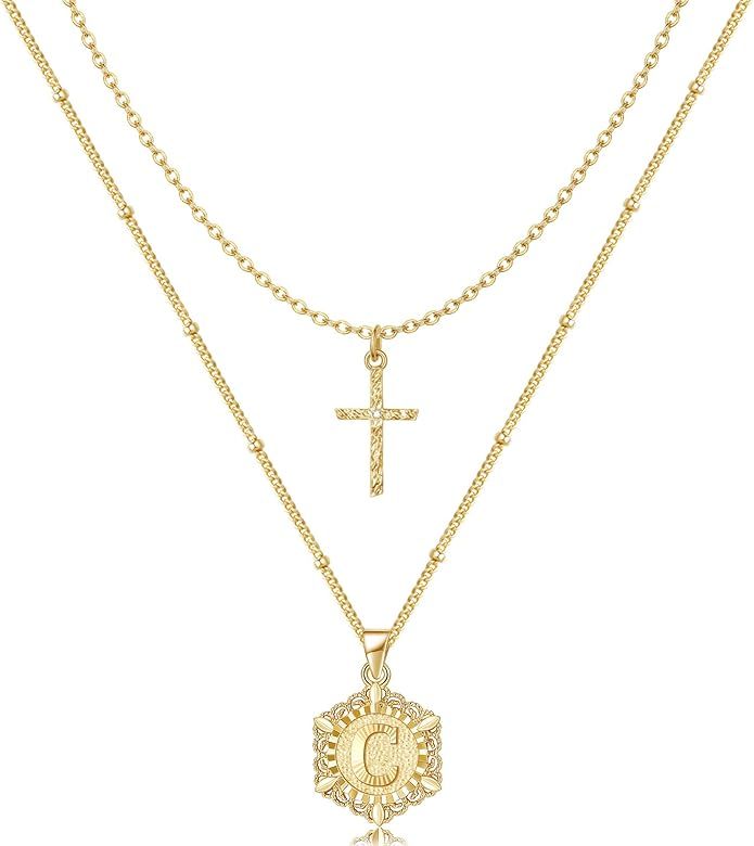 KELORIS PATH Gold Layered Initial Necklace, 14K Gold Plated Layering Hexagon Letter Cross Pendant Sa | Amazon (US)