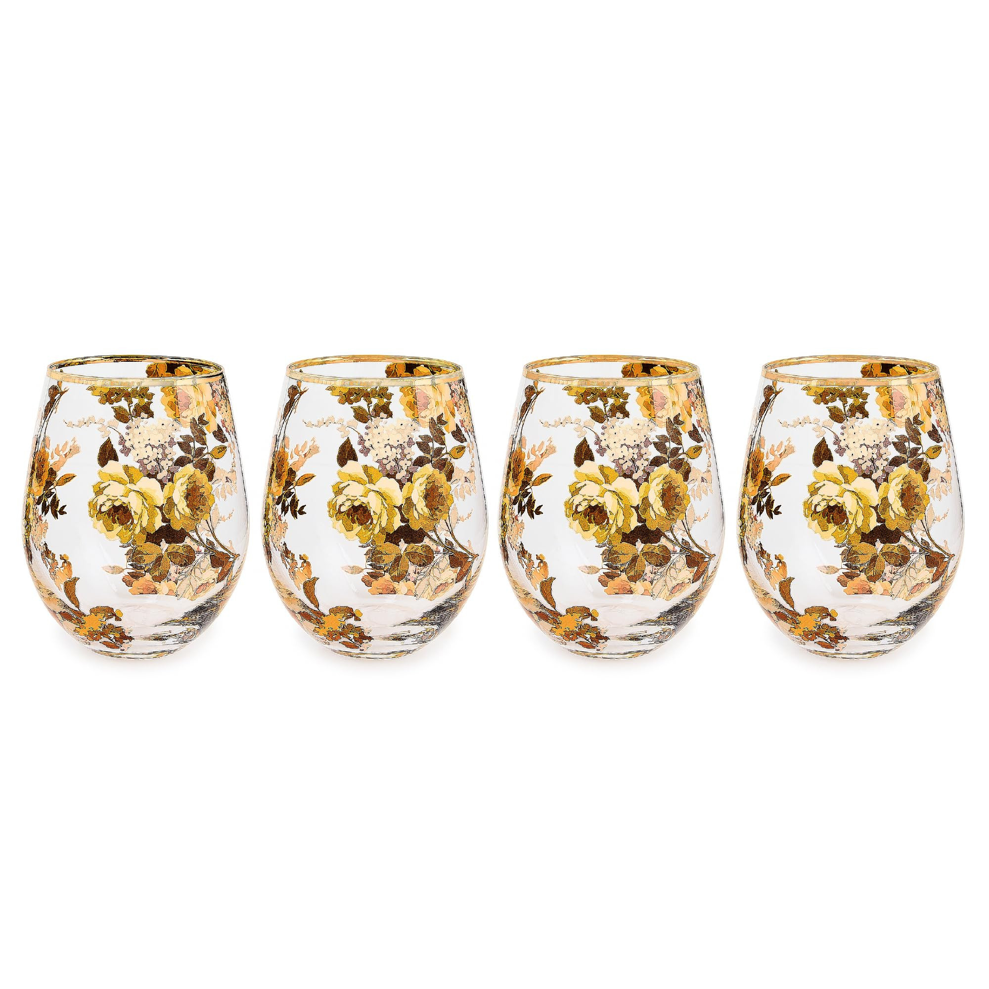 MACKENZIE-CHILDS Set of 4 Stemless Wine Glasses, Decorative Wine Glasses, Wild Rose | Amazon (US)