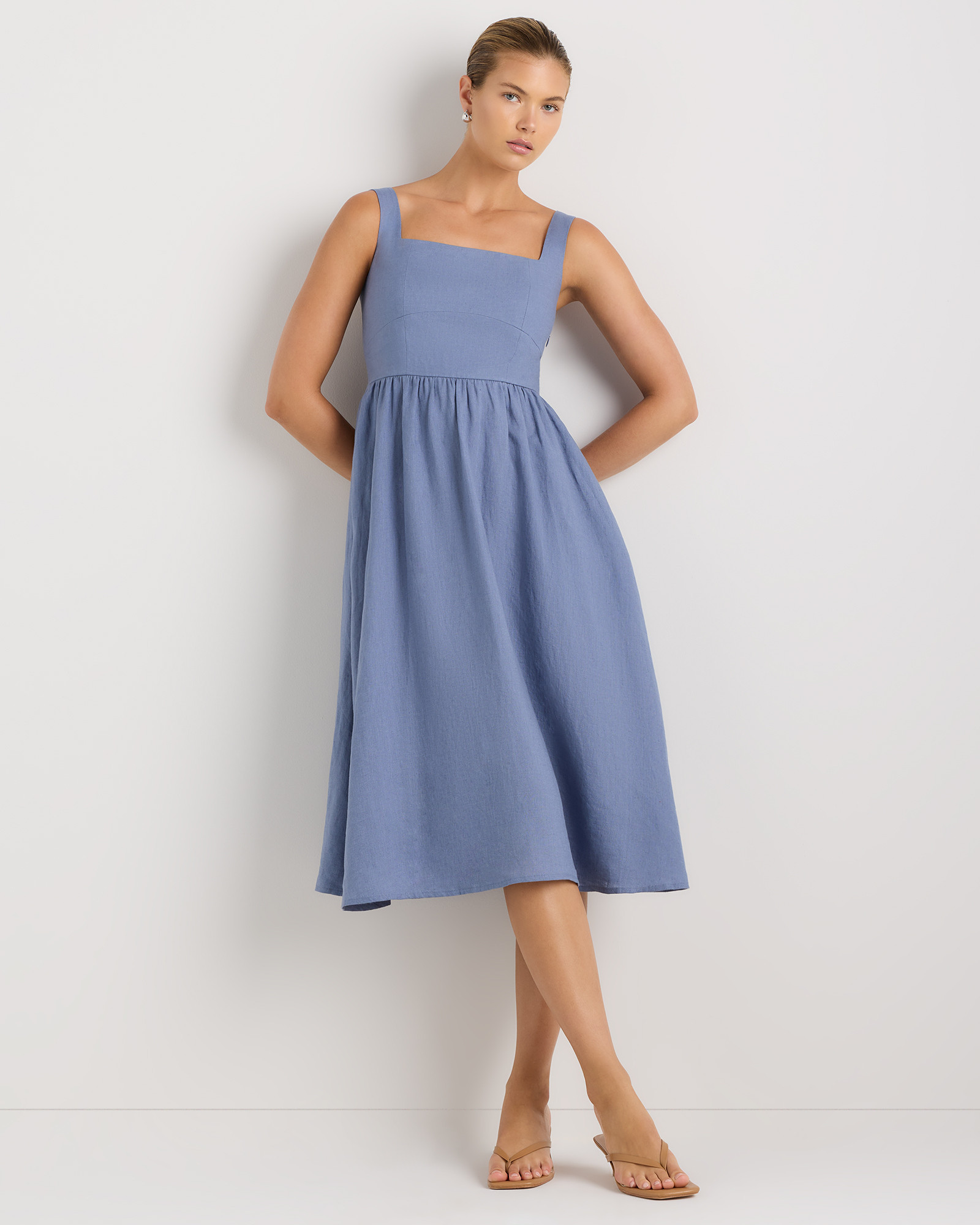 Quince | Women's 100% European Linen Fit & Flare Midi Dress in Moonstone Blue, Size XS | Quince