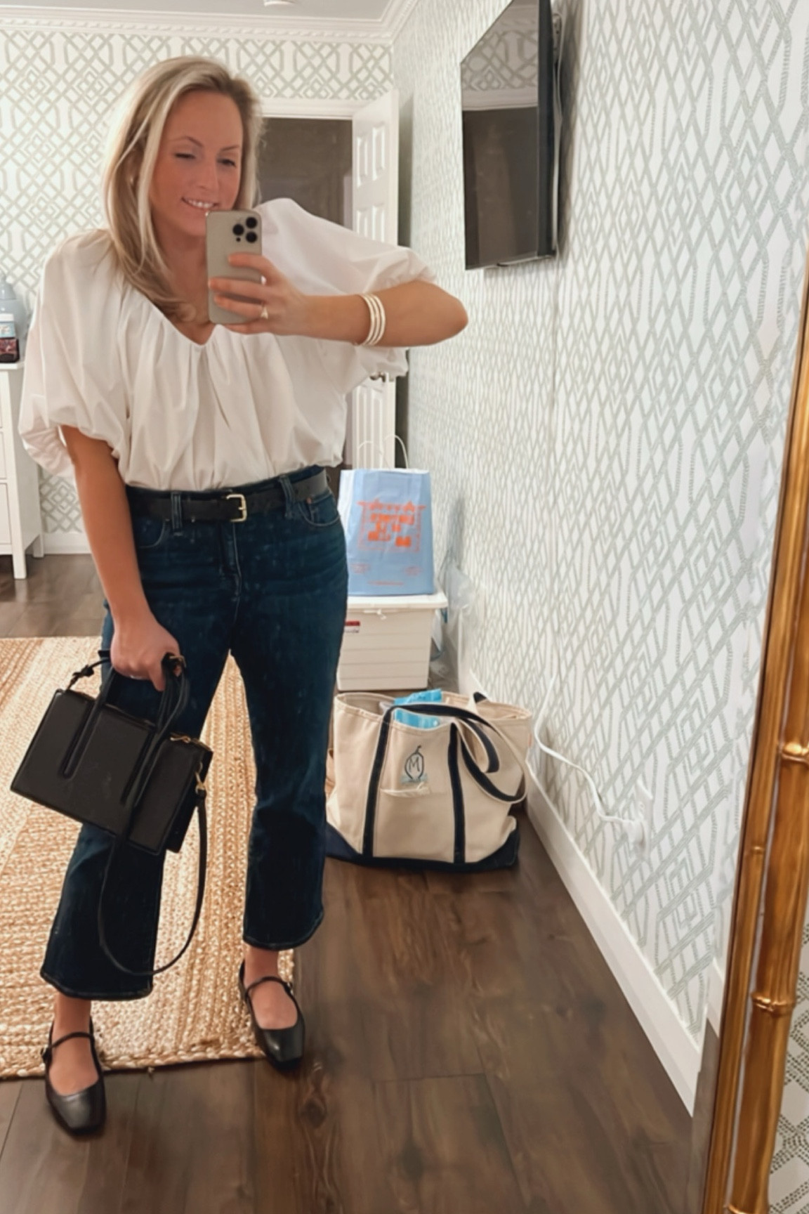 Date night look! Was so excited to wear my new Rachel Comey blouse from the showroom warehouse sale! I found it on sale for under $100 and linked to it! My flats are from Madrid and I couldn’t find, but linked similar! Handbag is Zara! Belt is old Boden! 