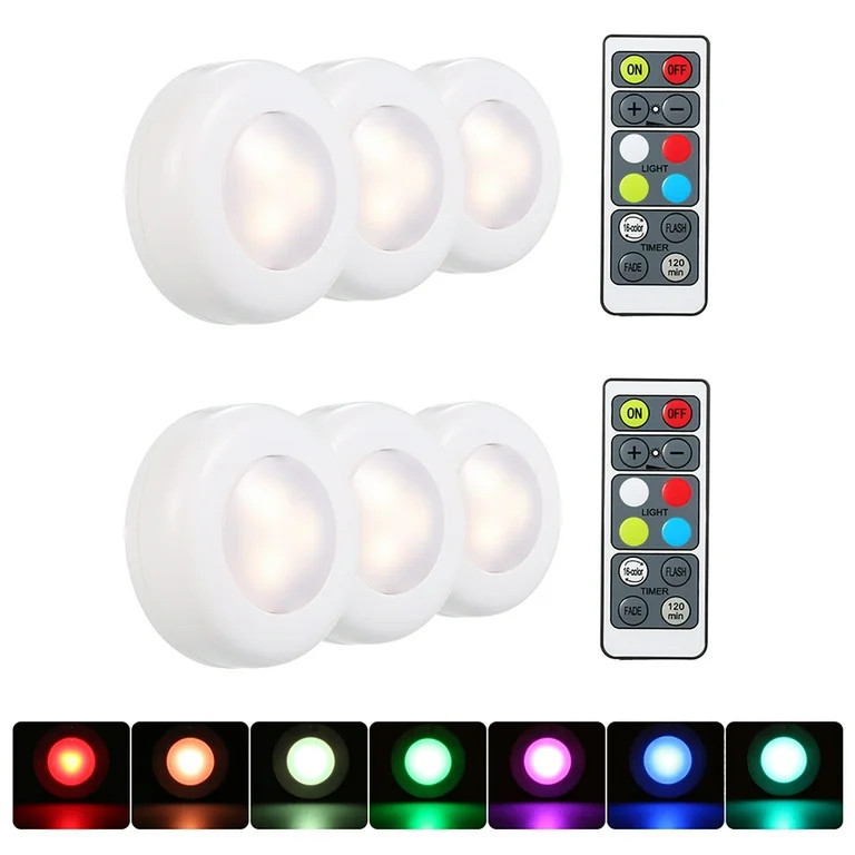 RGB LED Under Cabinet Lamp Puck Light 6 Pack with Remote Control Brightness Adjustable 16 Colors ... | Walmart (US)