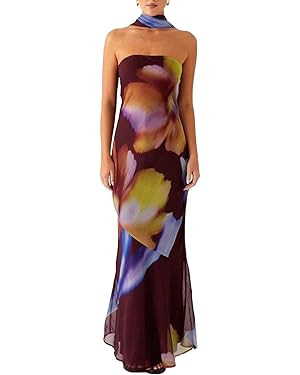 Women Strapless Floral Dress with Sarf Mesh Tube Maxi Dress Summer Cocktail Wedding Guest | Amazon (US)
