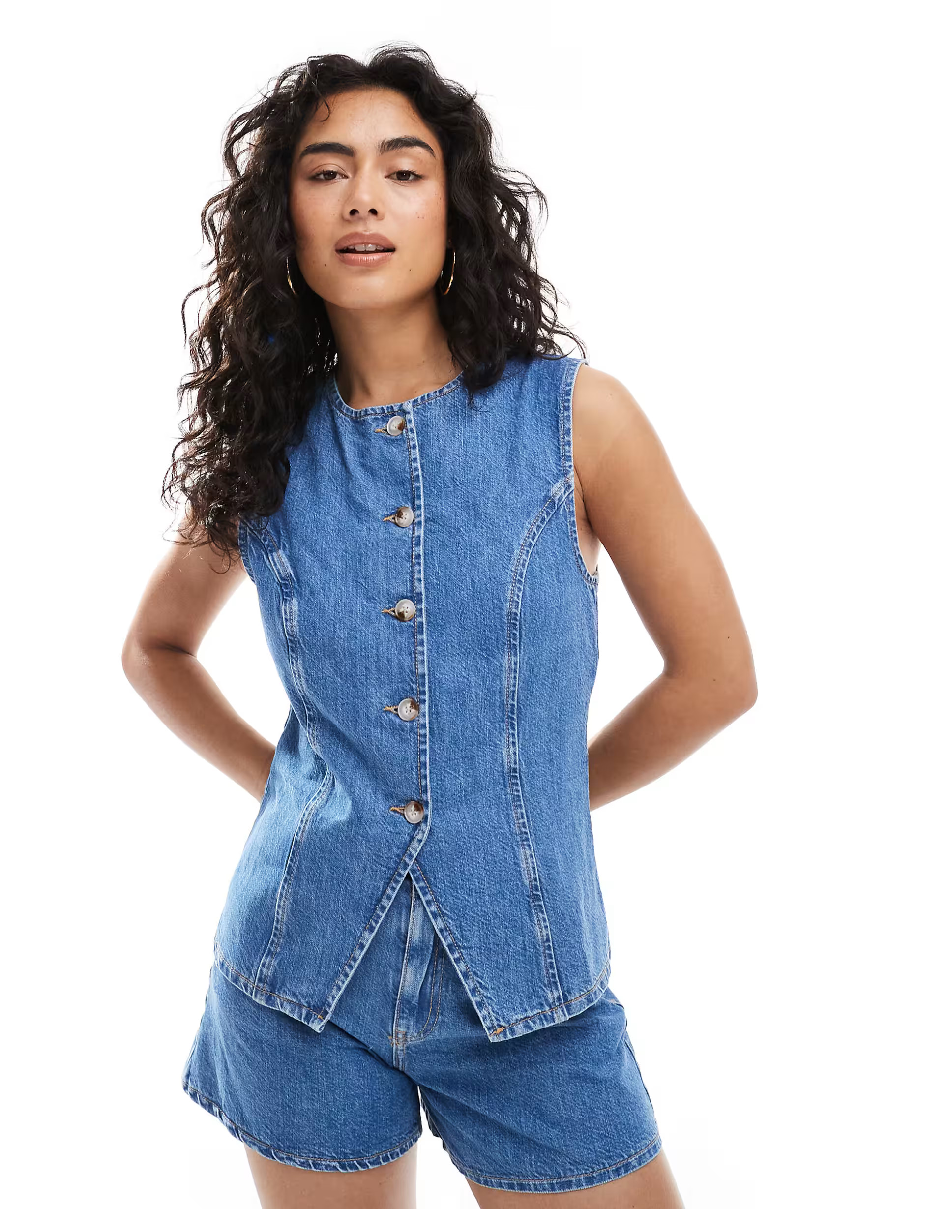 ASOS DESIGN denim cami waistcoat co-ord in mid blue | ASOS | ASOS (Global)