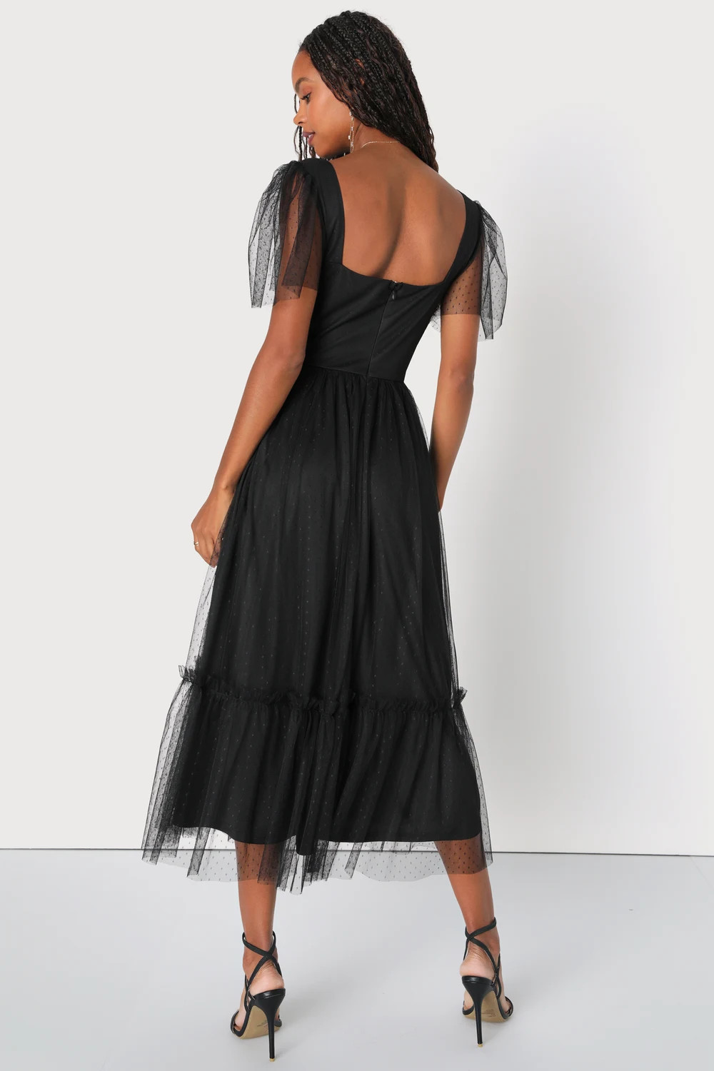 Dreamy Celebration Black Tulle Bustier Swiss Dot Midi Dress | Lulus