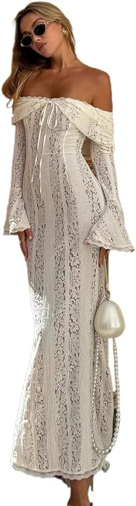 Autumn Elegant Off Shoulder Lace Maxi Dress White Women Long Sleeve Evening Party Dresses for Dat... | Amazon (US)