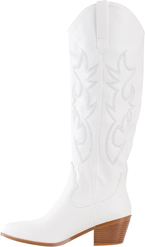CSHO Women's Western Cowboy Boots, White Fashion Embroidered Knee-High for Women Chunky Heels cow... | Amazon (US)