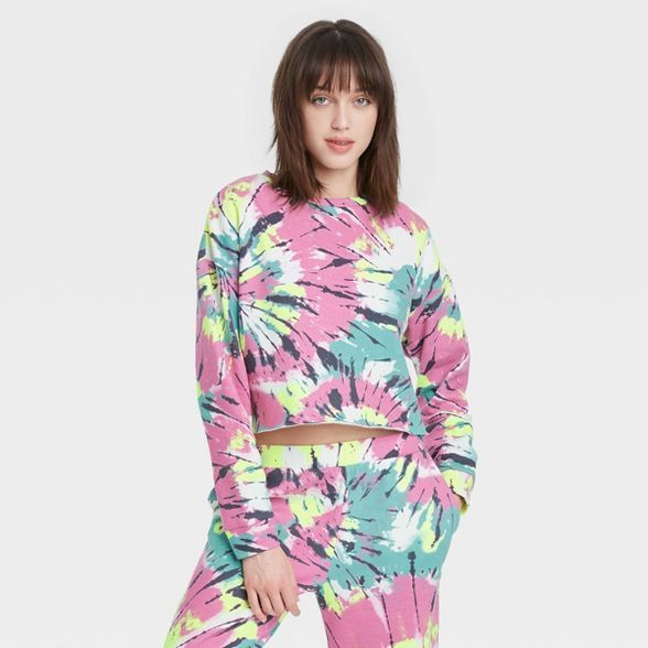 Women's Tie-Dye Cropped Fleece Lounge Sweatshirt - Colsie™ Pink | Target