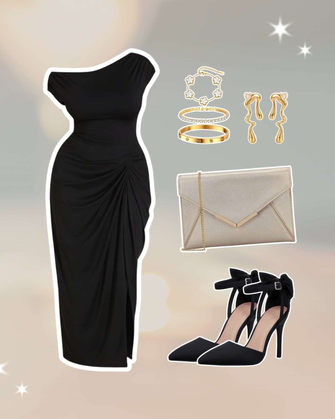 Elegant date night outfit for curvy girls 🖤 A flattering one-shoulder black dress styled with gold jewelry, pointed heels, and a neutral clutch. Perfect for dinner dates, romantic nights out, or holiday events. A chic, timeless outfit idea for curvy women who love classic glam. 

 #LTKPlusSize #LTKStyleTip #LTKItBag