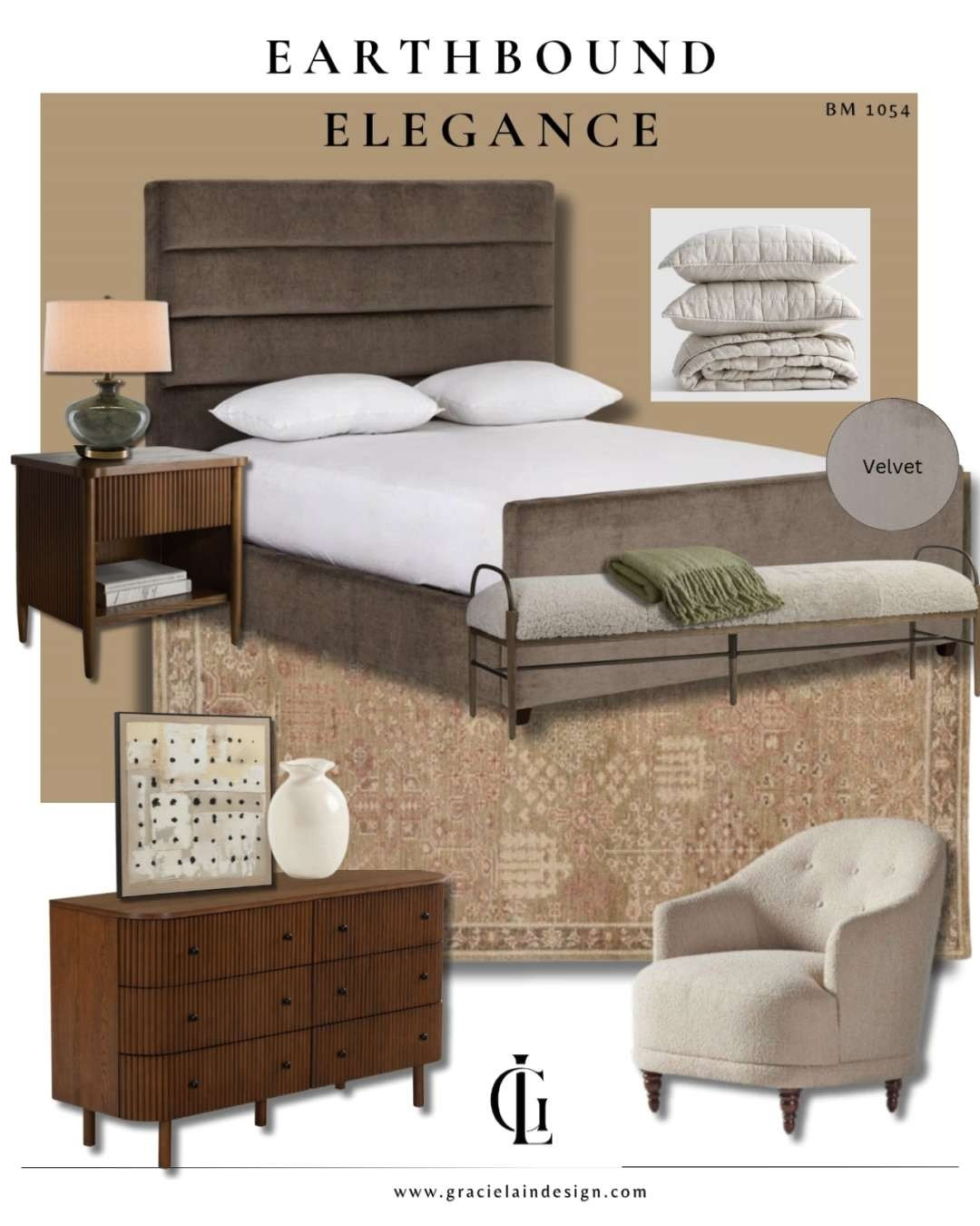 Earthbound Elegance Bedroom Mood Board
A soothing, modern-luxe bedroom design featuring warm neutrals, gorgeous textures, and this beautiful velvet bed that brings a soft, elevated statement to the room. Styled around Benjamin Moore’s Color of the Year 2026 — Sherwood Tan, this palette creates the perfect calming retreat.

Shop the look and bring this earthy, elevated aesthetic into your own home.
And if you're ready to design your dream space, reach out today for your complimentary consultation!

#LTKhome #LTKinterior #LTKbedroom #bedroommoodboard #neutralbedroomdecor #velvetbed #earthtonehome #luxuryinteriors #modernfarmhouse #earthboundelegance #benjaminmoore2026 #sherwoodtan #fourhands #rejuvenation #luluga #interiordesigninspo #gracielaindesign #homestylingideas #shopmystyle #neutraldecor #luxurybedroom #moodboardmagic 

 #LTKHome #LTKSaleAlert #LTKStyleTip