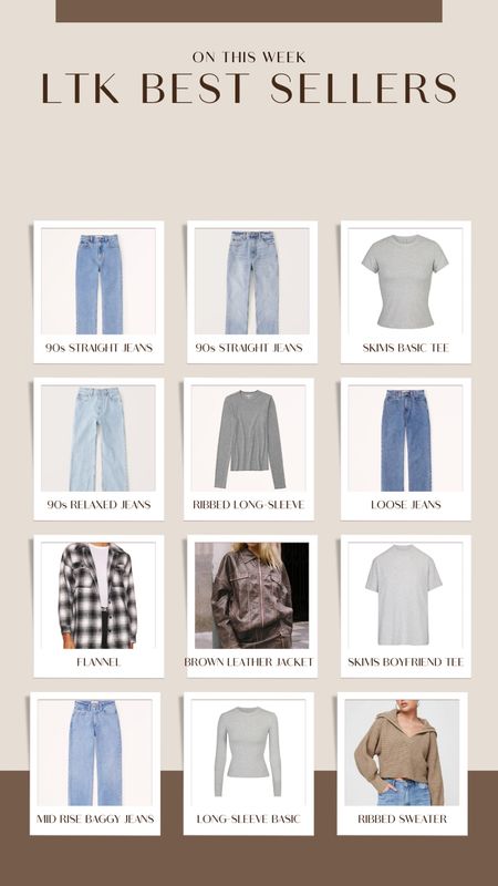 LTK Best Sellers from the past week 🫶🏼 Abercrombie jeans, 90s straight jeans, 90s relaxed jeans, split hem jeans, skims basics, skims long sleeve, skims baby tee, loose jeans, baggy jeans, plaid shirt, flannel shirt, brown leather jacket, boyfriend tshirt, ribbed sweater, fall sweaters