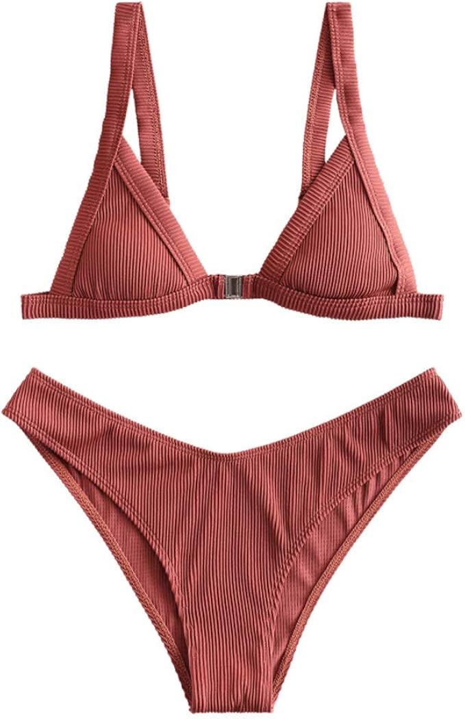 ZAFUL Women's Straps Textured Ribbed Front Closure High Cut Bikini Set Swimsuit | Amazon (US)