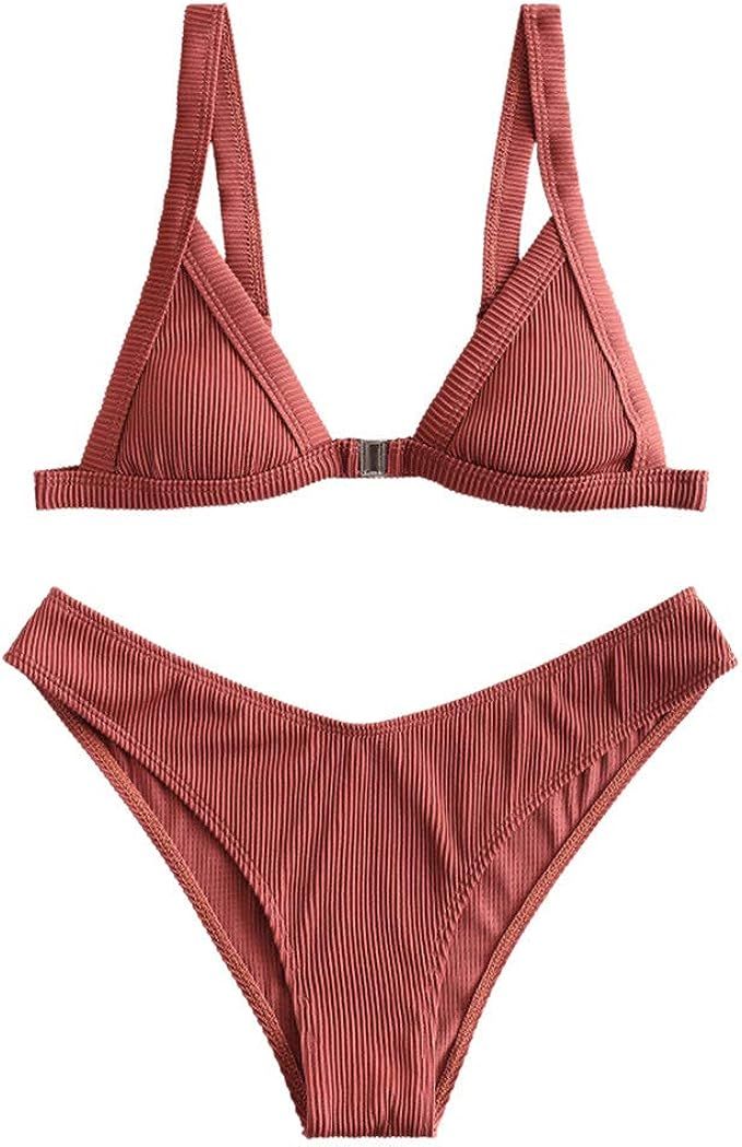 ZAFUL Women's Straps Textured Ribbed Front Closure High Cut Bikini Set Swimsuit | Amazon (US)