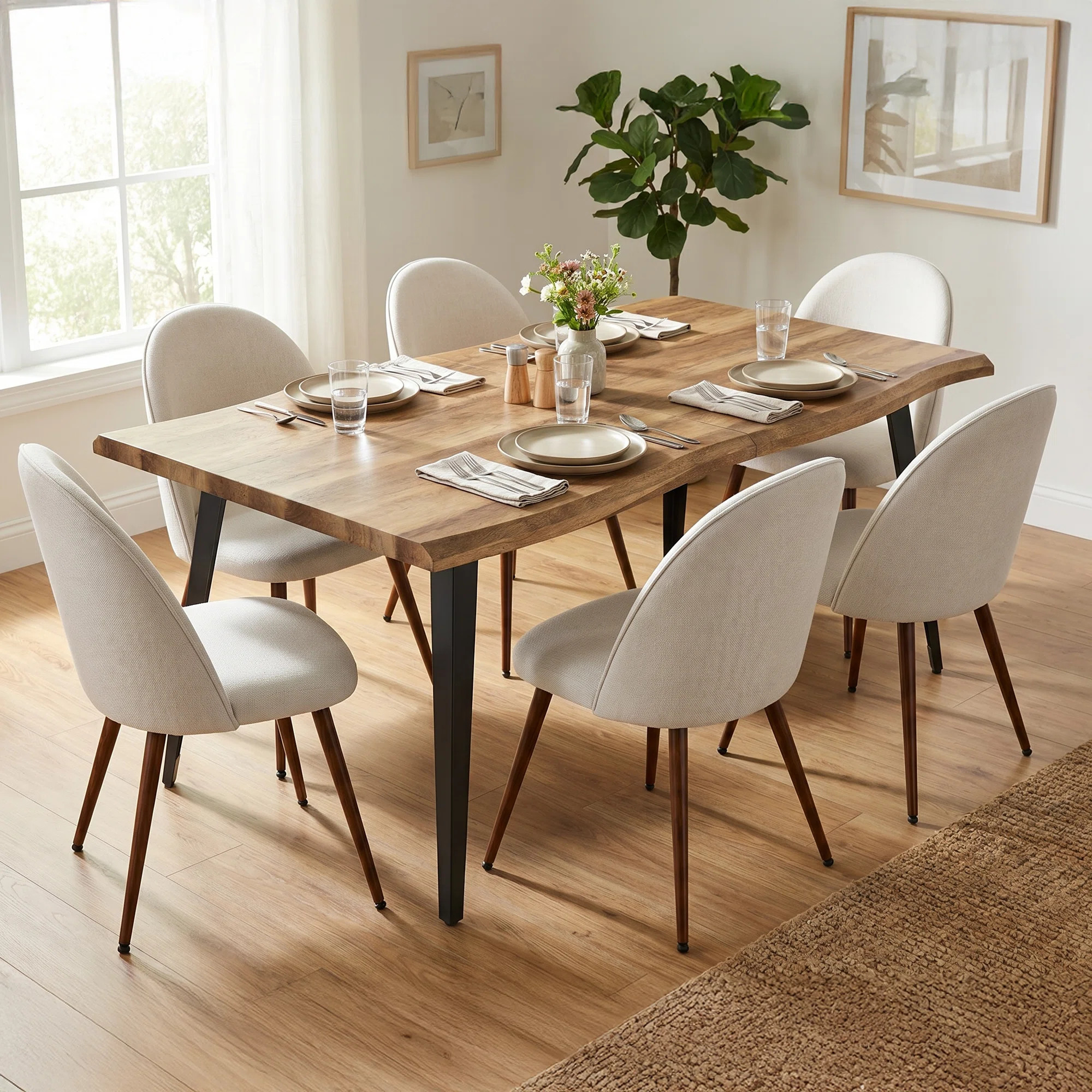 Shivani Dining Set - 63” Wood Table with Modern Wavy-Edge Design for Kitchen Dining Room | Wayfair North America