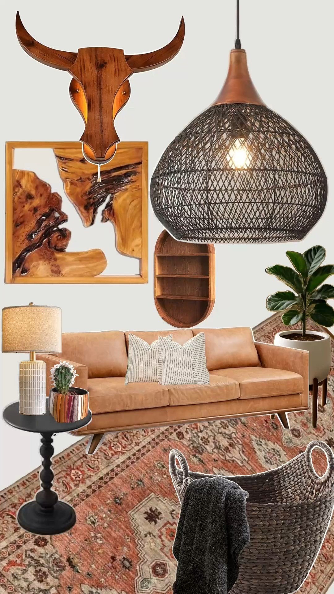 Warm rustic modern vibes 🤎 This space mixes a caramel leather sofa, vintage-inspired rug, woven pendant lighting, and rich wood accents for the coziest earthy feel. Sharing all the pieces to help you recreate this inviting, western-inspired living room.

#LTKHome
