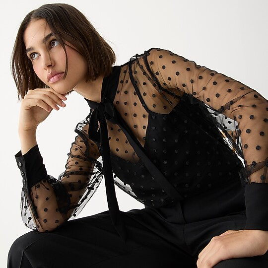 Tie-neck long-sleeve top in dotted tulle | J. Crew US