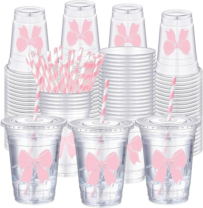 Sliner 50 Pcs 16 oz Coquette Disposable Plastic Cups with Straw for Party Supplies Bow Cups Birth... | Amazon (US)