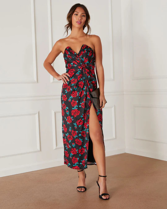 Lovestruck Satin Strapless Floral Midi Dress | VICI