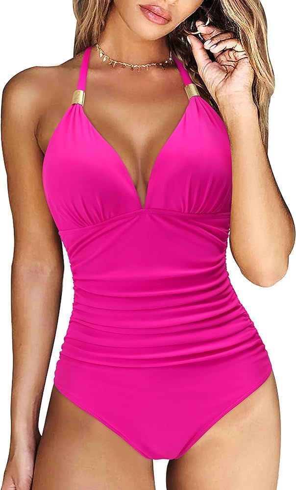 RXRXCOCO Women V Neck One Piece Swimsuits Tummy Control Ruched Swimwear Halter Bathing Suit | Amazon (US)