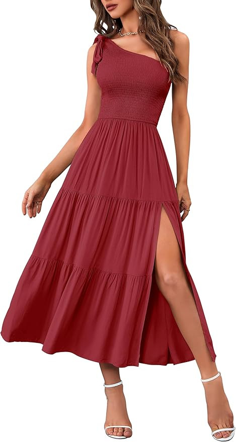MEROKEETY Women's Summer One Shoulder Sleeveless Knot Smocked Midi Dress Split Tiered Flowy Dress... | Amazon (US)