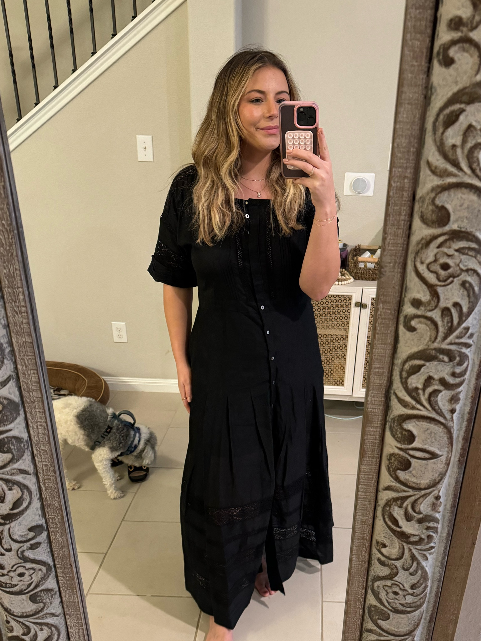 My goto  dress! Anytime I’m spending $100+ i must be able to get the most wear out of it! I love this neutral black piece- perfect hairstylists and everyday girls! It also has the cutest eyelet cuts across the bust and skirt 🔥🔥 

 #loveshackfancy #LTKMostLoved #LTKbeauty #LTKstyletip
