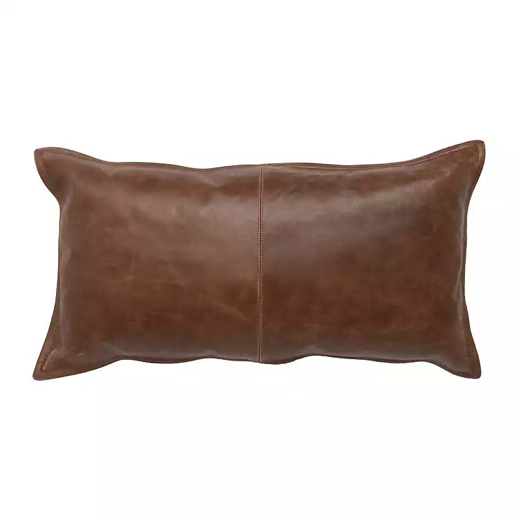 Brown Distressed Leather and Cotton Lumbar Pillow | Kirkland's Home