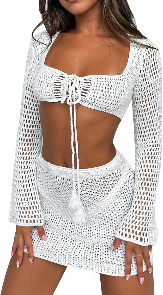 Women Y2K Crochet Knitted 2 Piece Skirt Set Hollow Out Crop Top High Waist Bodycon Mini Skirt Out... | Amazon (US)