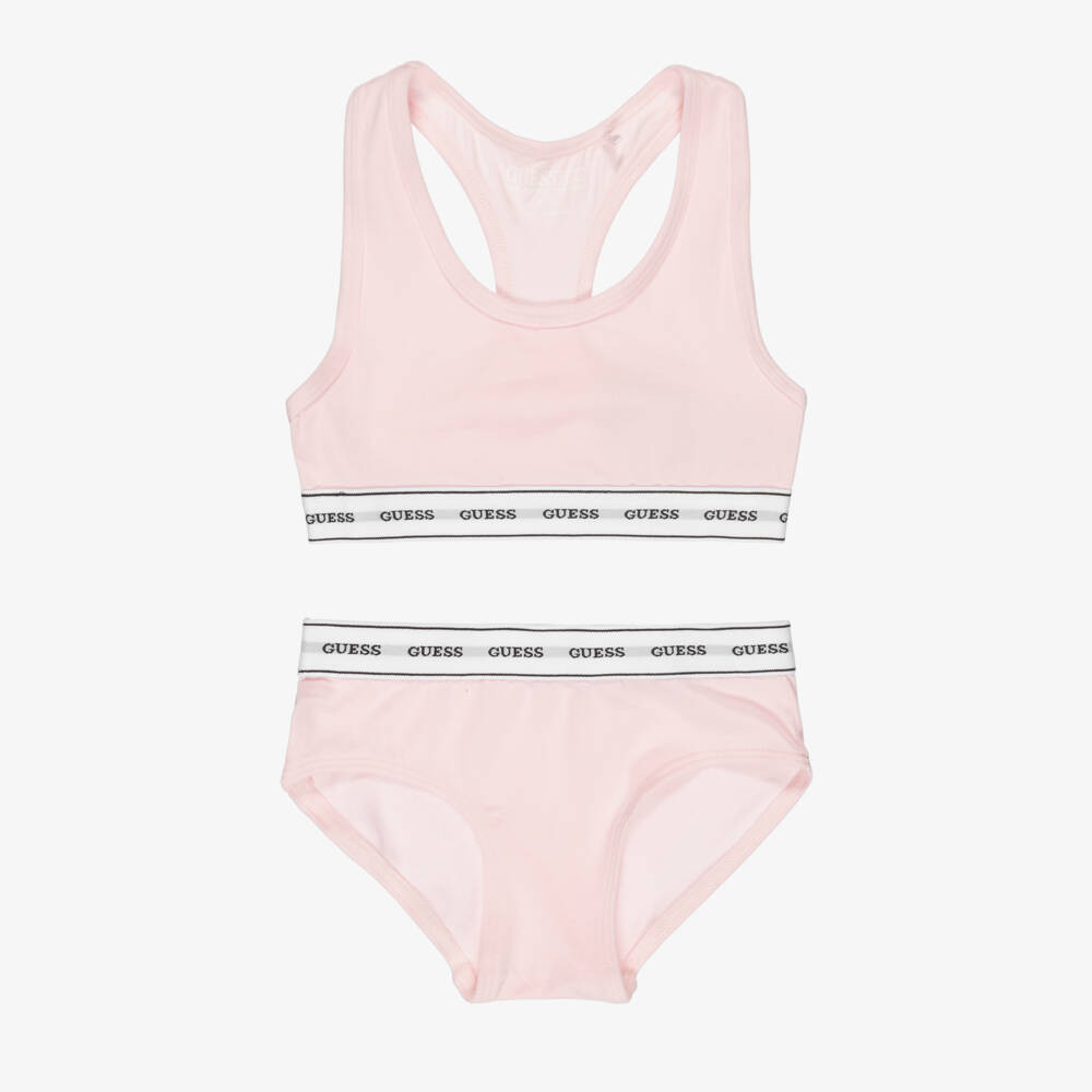 Guess Girls Pale Pink Cotton Bra Top Knickers Set | Childrensalon