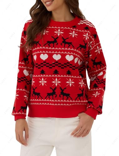 ZAFUL Women's Christmas Snowflake Reindeer Knitted Sweater Long Sleeve Crew Neck Heart Animal Print Pullover Knitwear | Amazon (US)