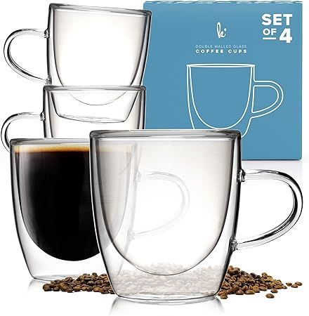 Glass Coffee or Tea Cups Drinking Glasses Set of 4-5oz Double Walled Thermo Insulated Mugs with H... | Amazon (US)