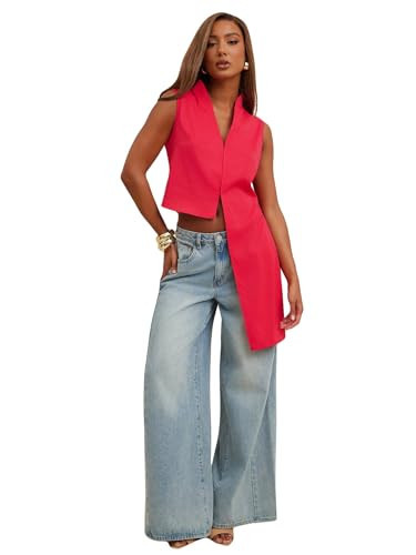 OYOANGLE Women's Sleeveless Crop Tank Top V Neck Asymmetrical Hem Slit Side Casual Blouse Red Small | Amazon (US)